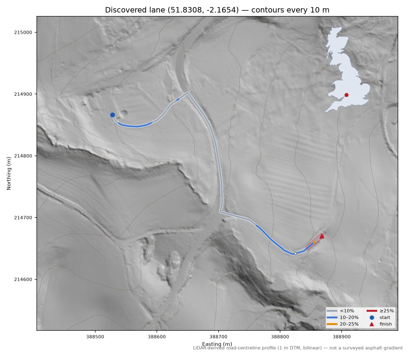 Discovered lane (51.8308, -2.1654) LiDAR hillshade map with contours