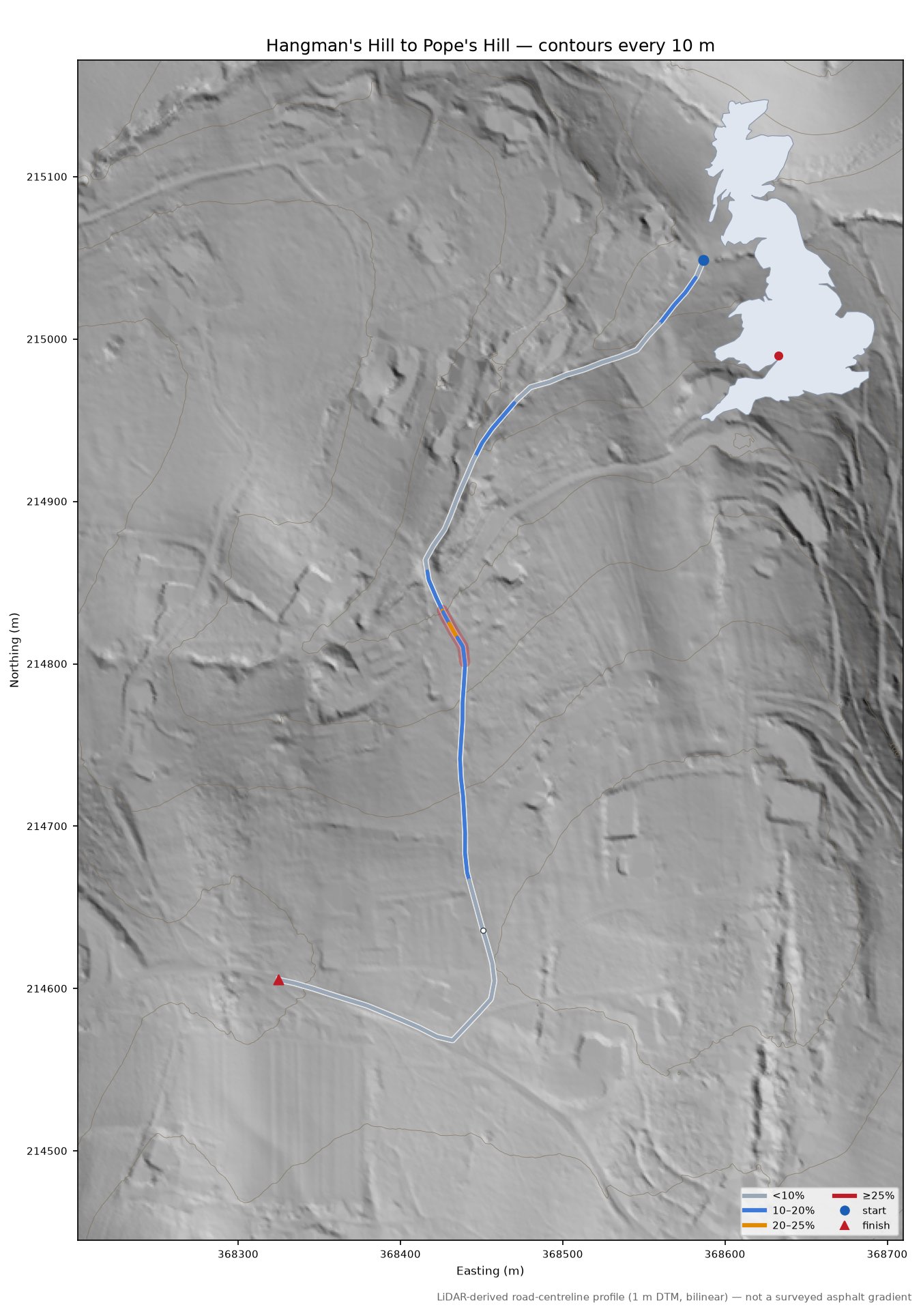 Hangman's Hill to Pope's Hill LiDAR hillshade map with contours