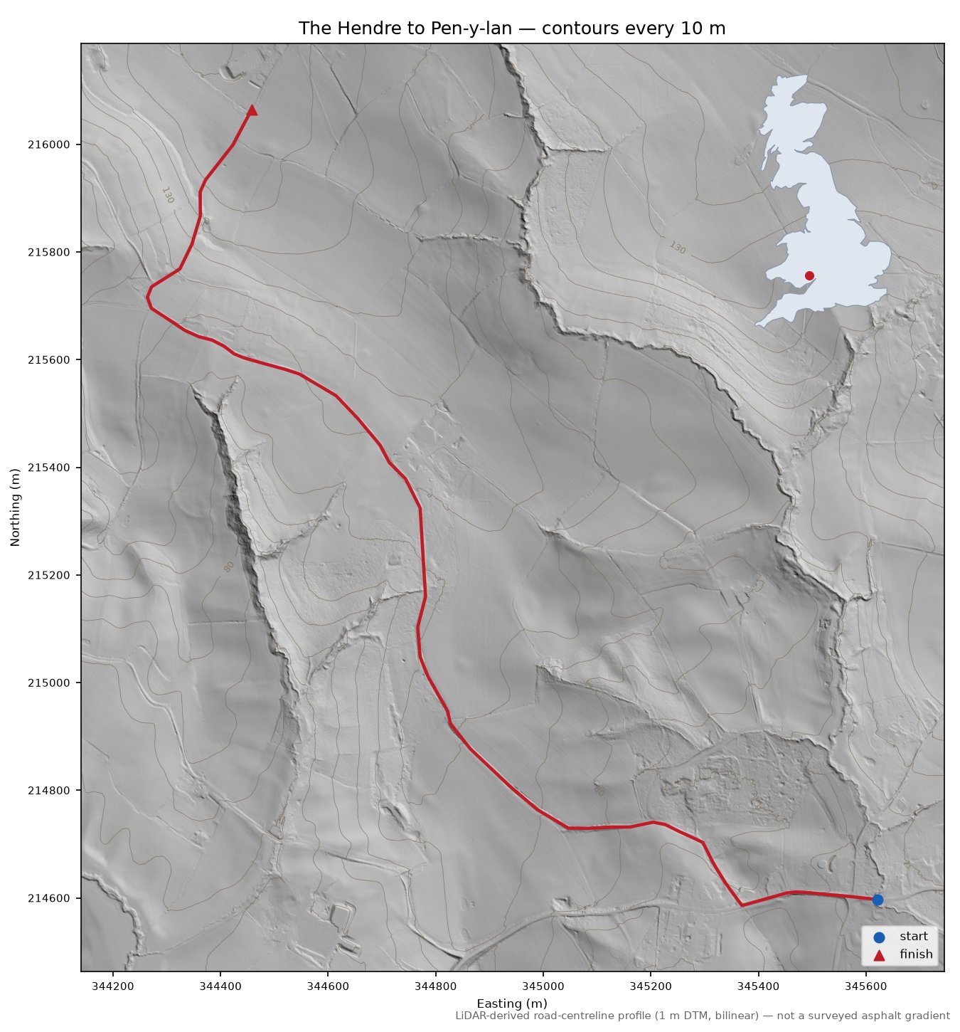 The Hendre to Pen-y-lan LiDAR hillshade map with contours