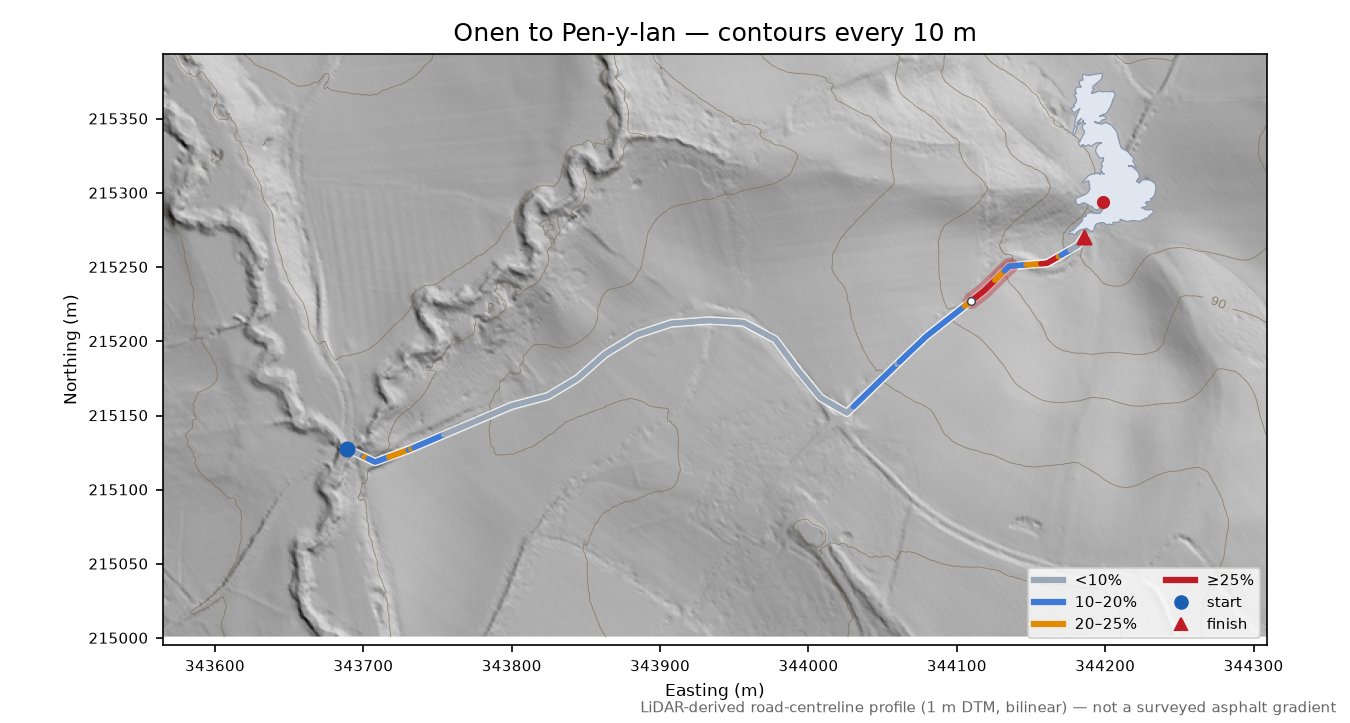Onen to Pen-y-lan LiDAR hillshade map with contours