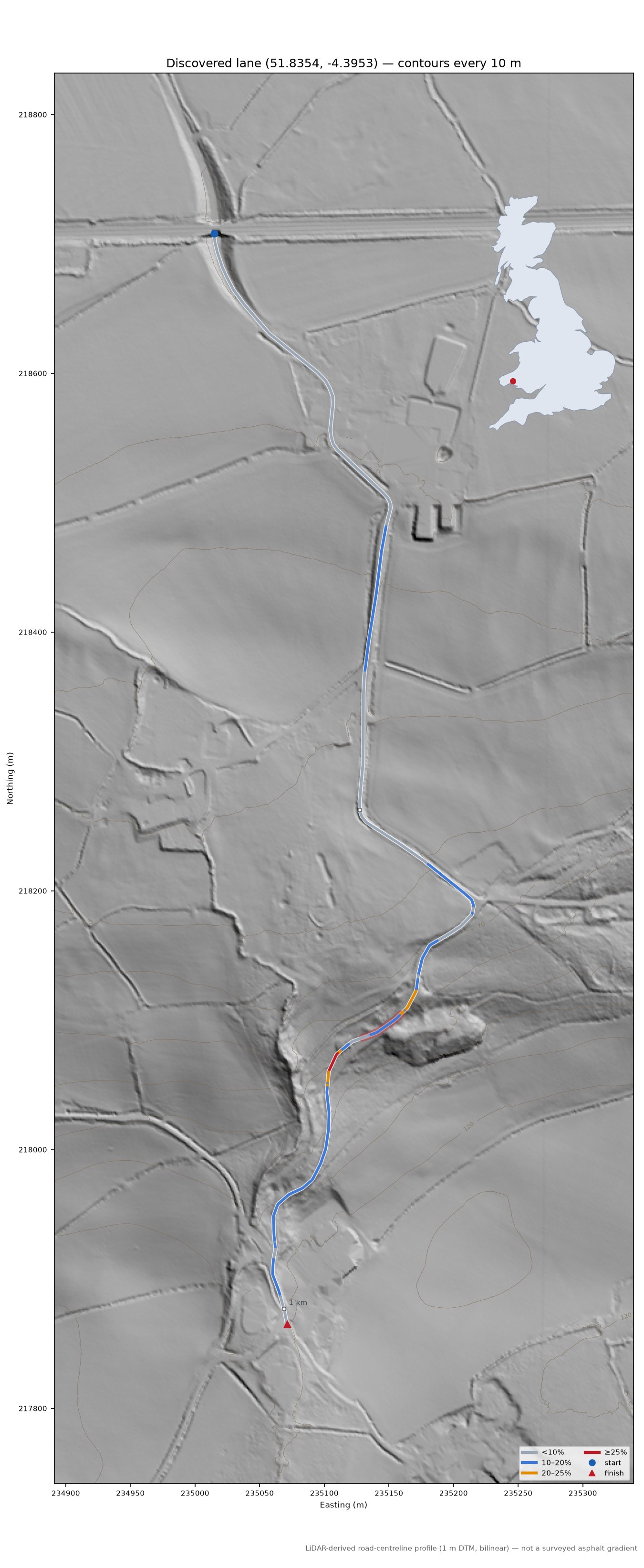 Discovered lane (51.8354, -4.3953) LiDAR hillshade map with contours