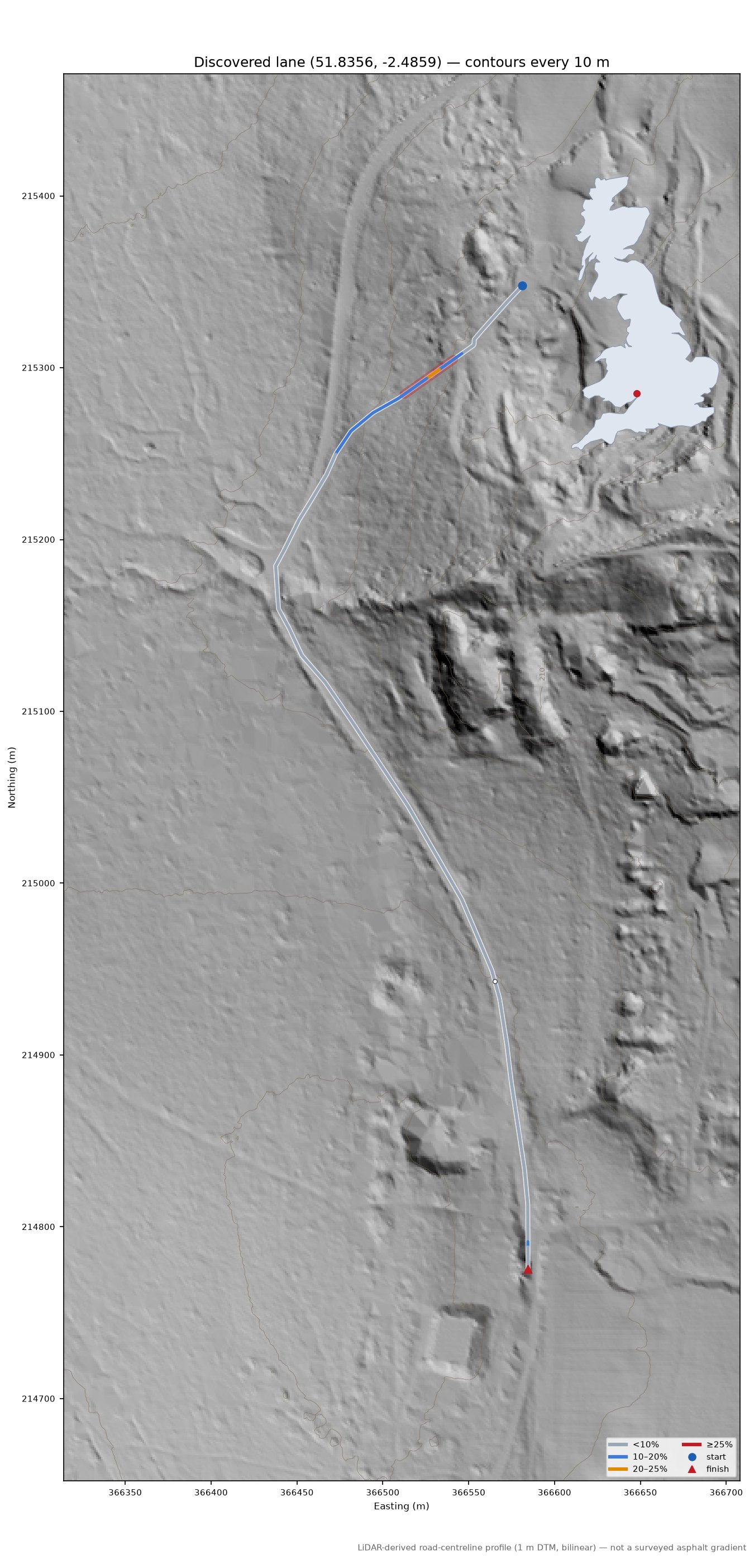 Discovered lane (51.8356, -2.4859) LiDAR hillshade map with contours