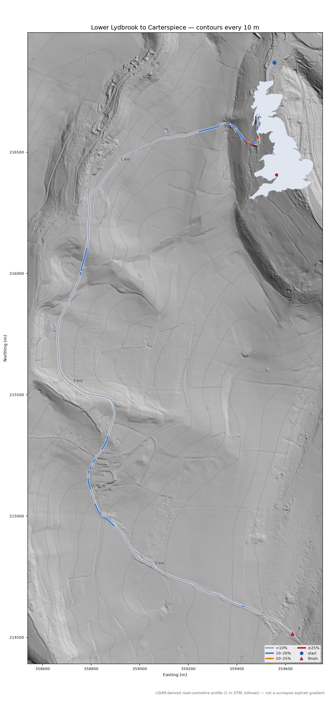 Lower Lydbrook to Carterspiece LiDAR hillshade map with contours
