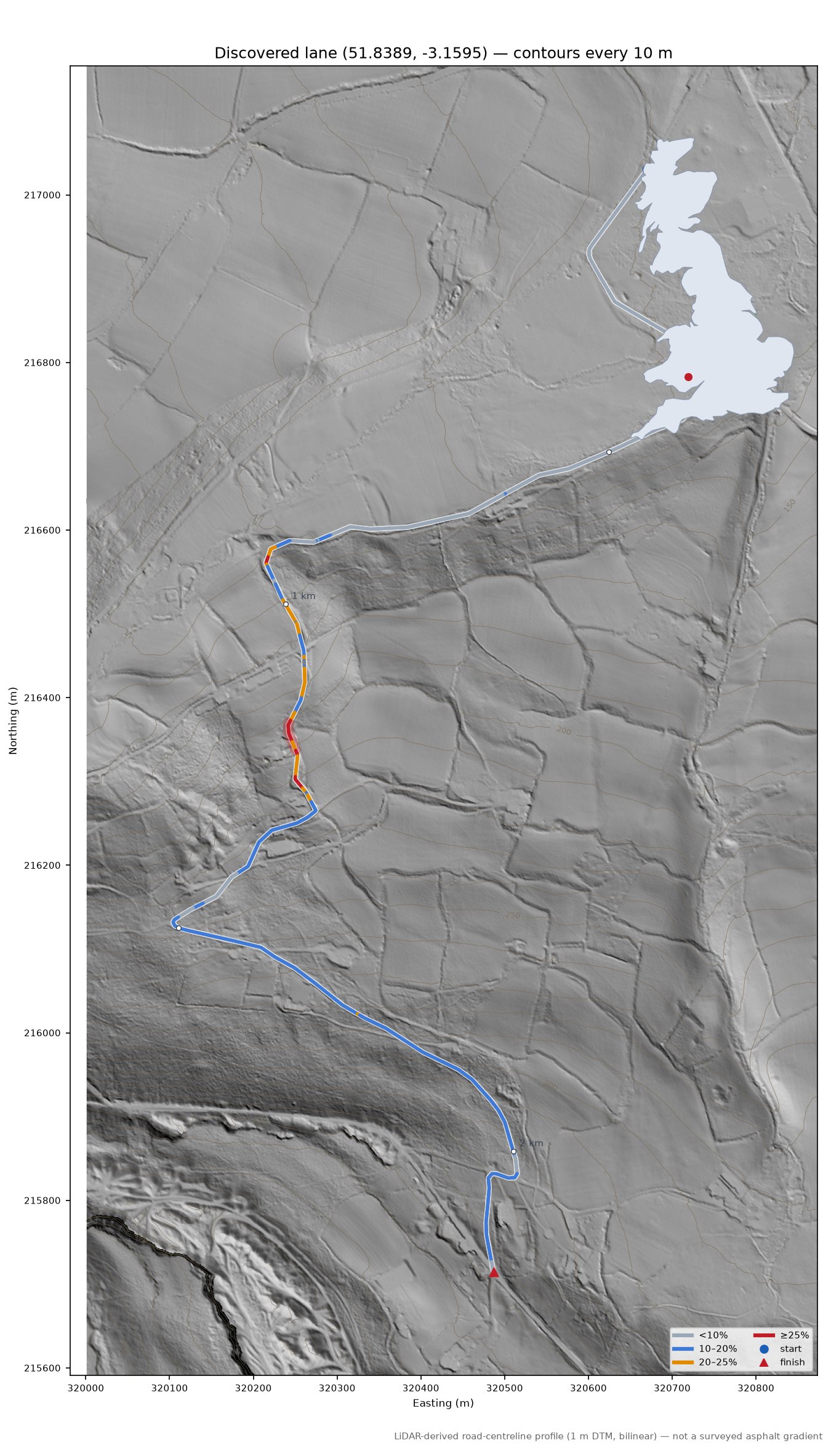Discovered lane (51.8389, -3.1595) LiDAR hillshade map with contours