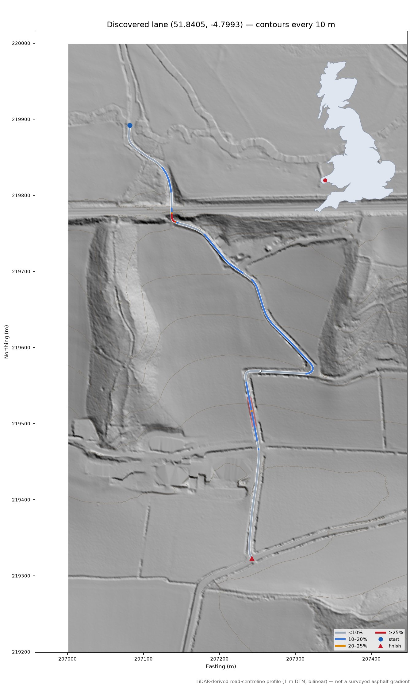 Discovered lane (51.8405, -4.7993) LiDAR hillshade map with contours