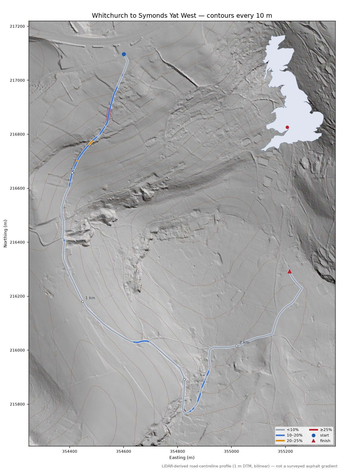 Whitchurch to Symonds Yat West LiDAR hillshade map with contours