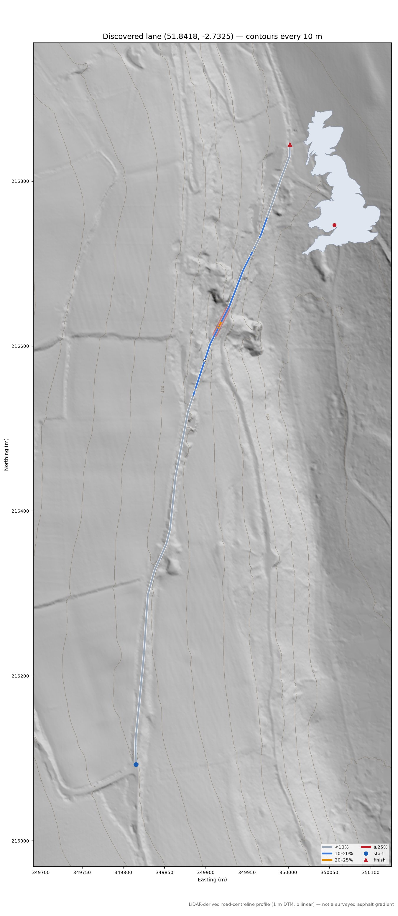 Discovered lane (51.8418, -2.7325) LiDAR hillshade map with contours