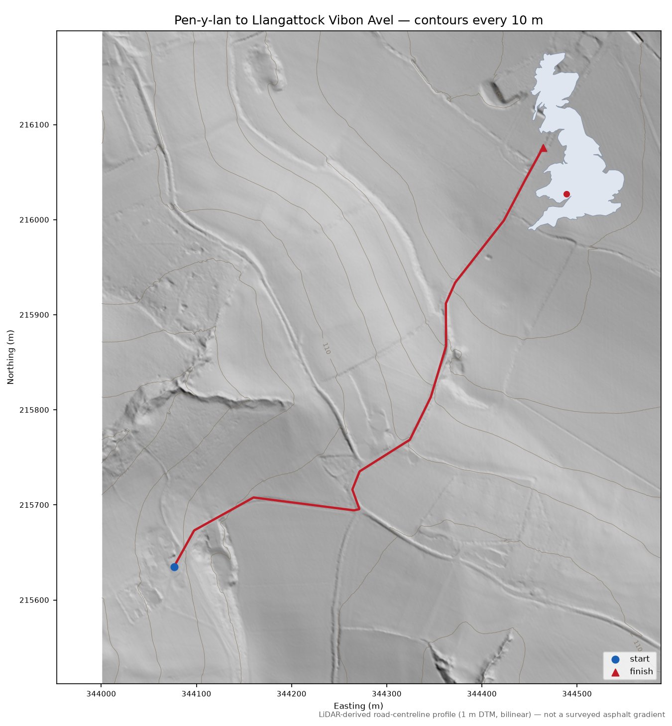 Pen-y-lan to Llangattock Vibon Avel LiDAR hillshade map with contours