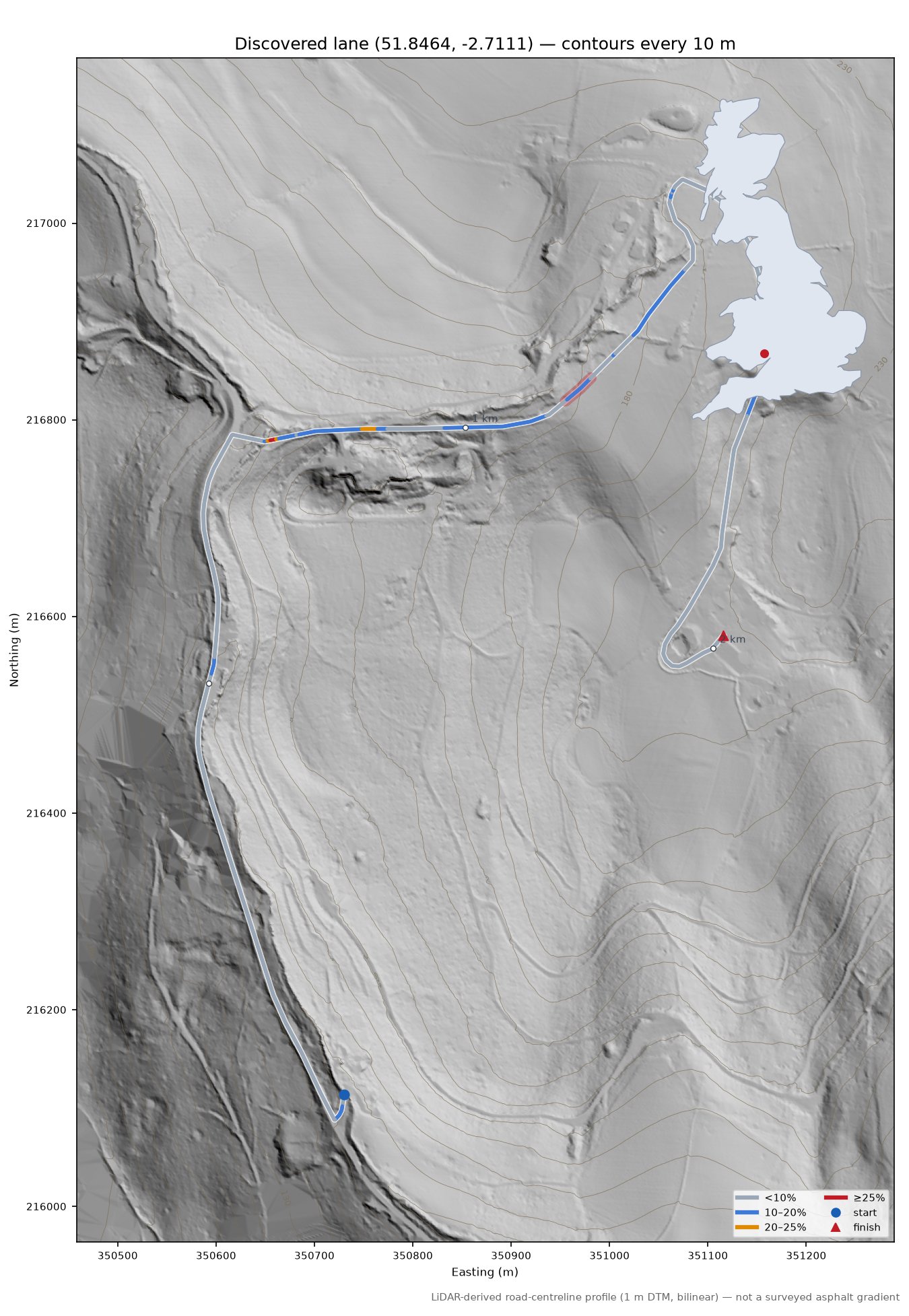 Discovered lane (51.8464, -2.7111) LiDAR hillshade map with contours