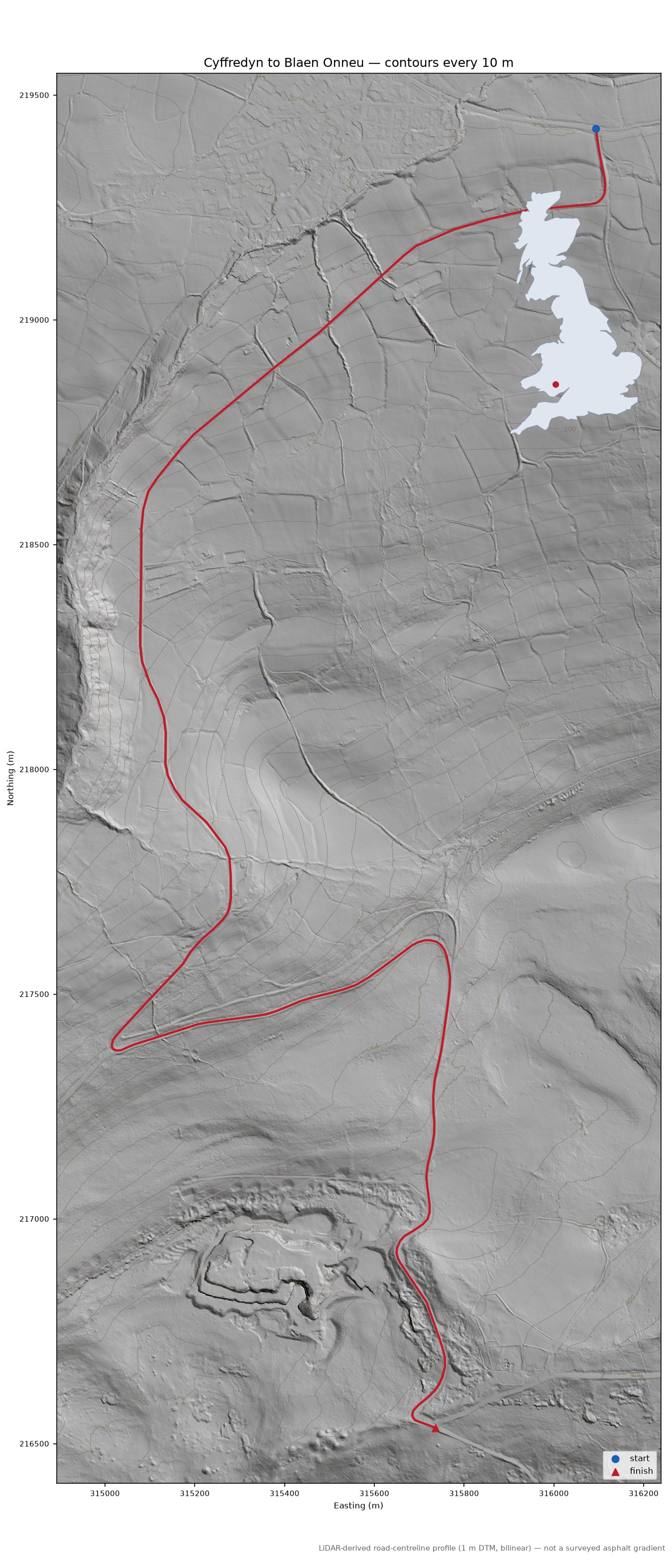 Cyffredyn to Blaen Onneu LiDAR hillshade map with contours