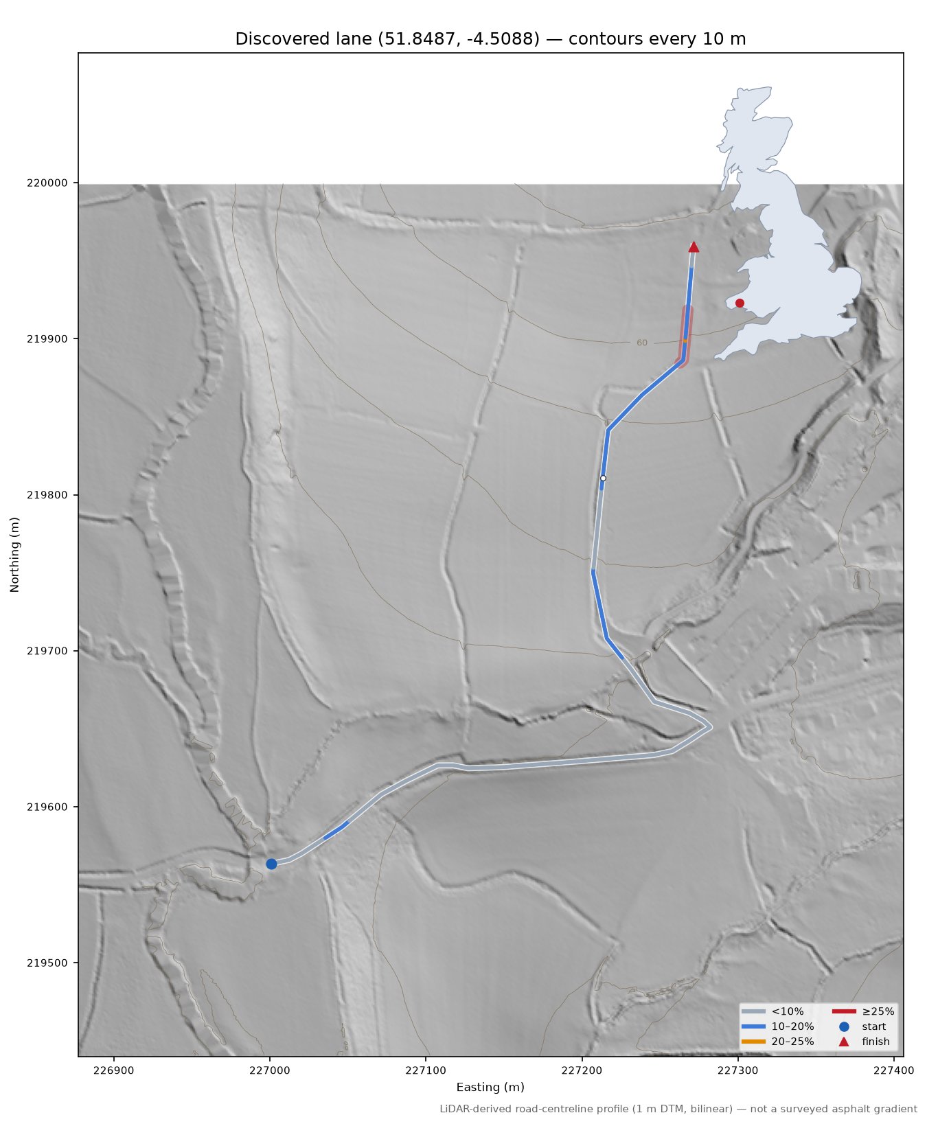 Discovered lane (51.8487, -4.5088) LiDAR hillshade map with contours
