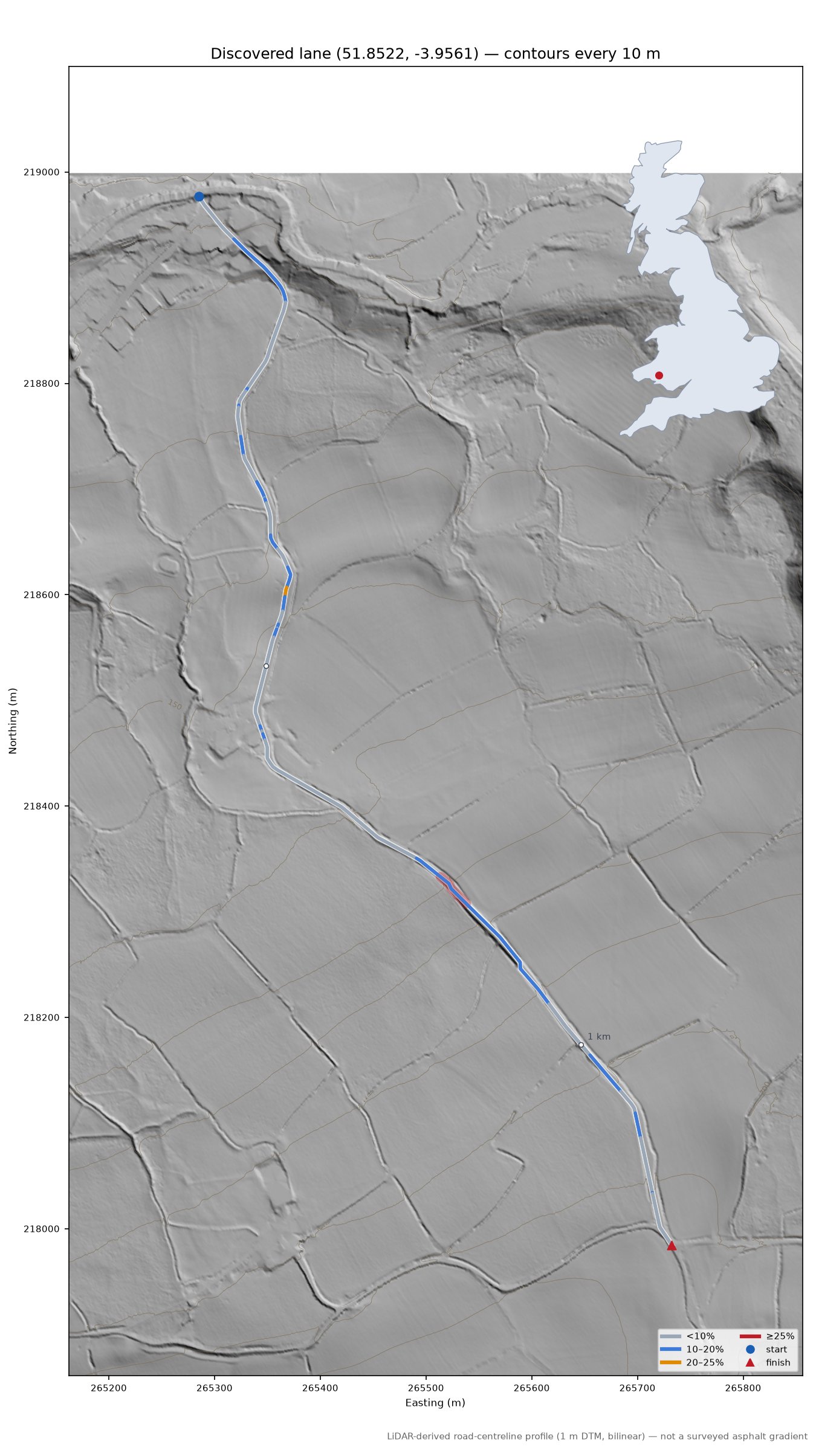 Discovered lane (51.8522, -3.9561) LiDAR hillshade map with contours