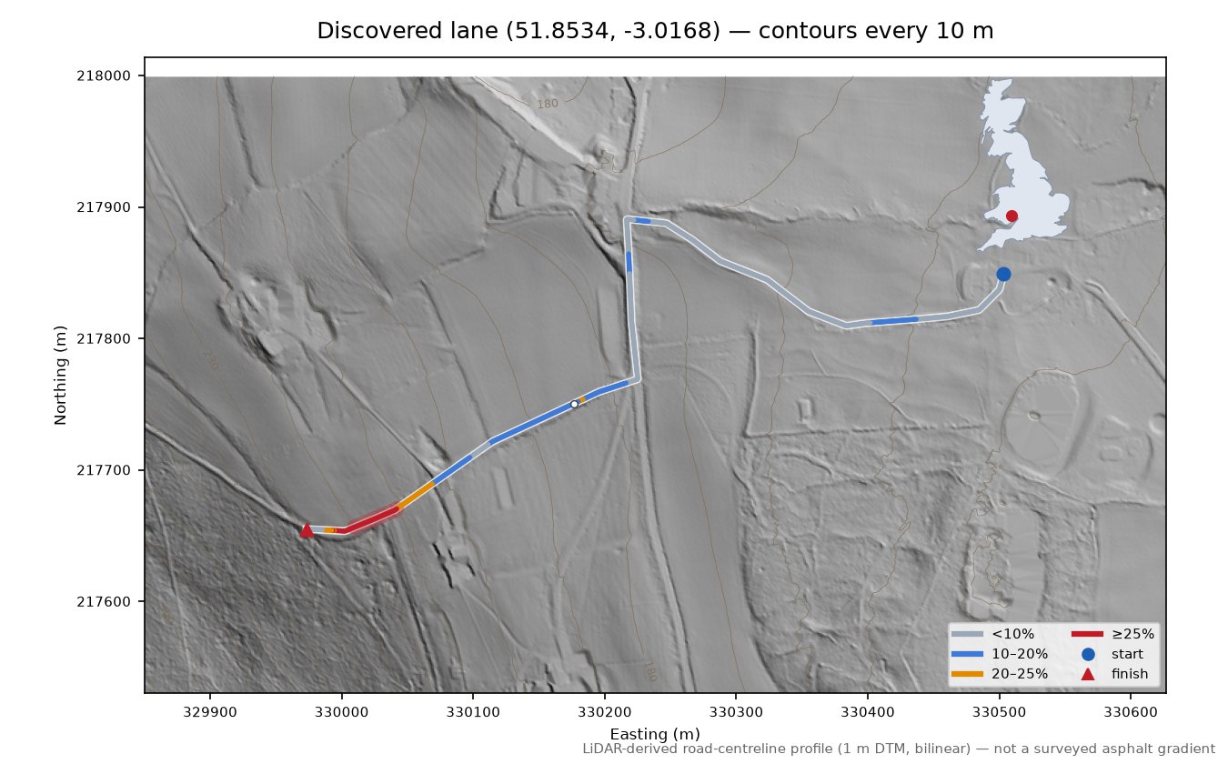 Discovered lane (51.8534, -3.0168) LiDAR hillshade map with contours