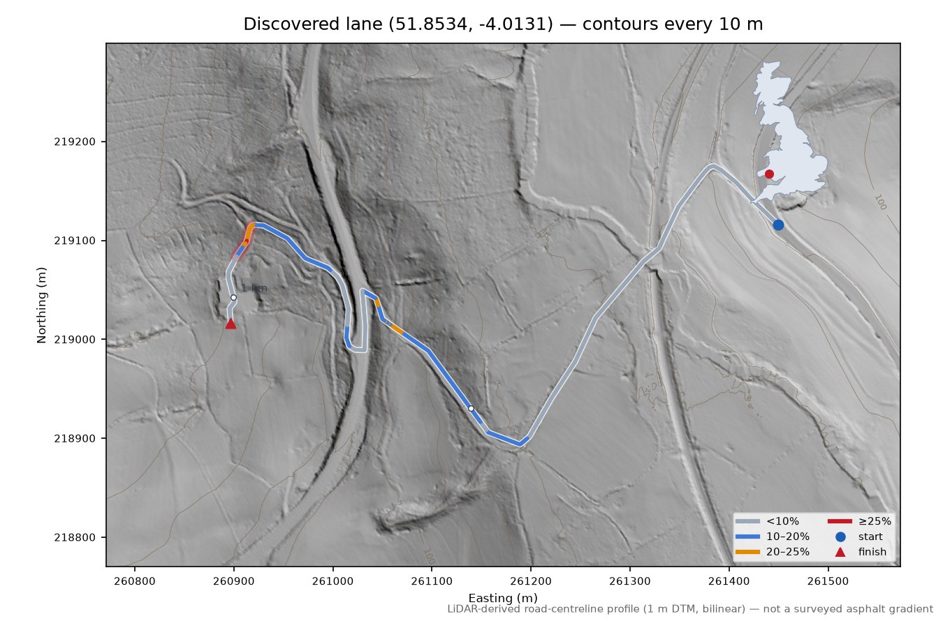 Discovered lane (51.8534, -4.0131) LiDAR hillshade map with contours