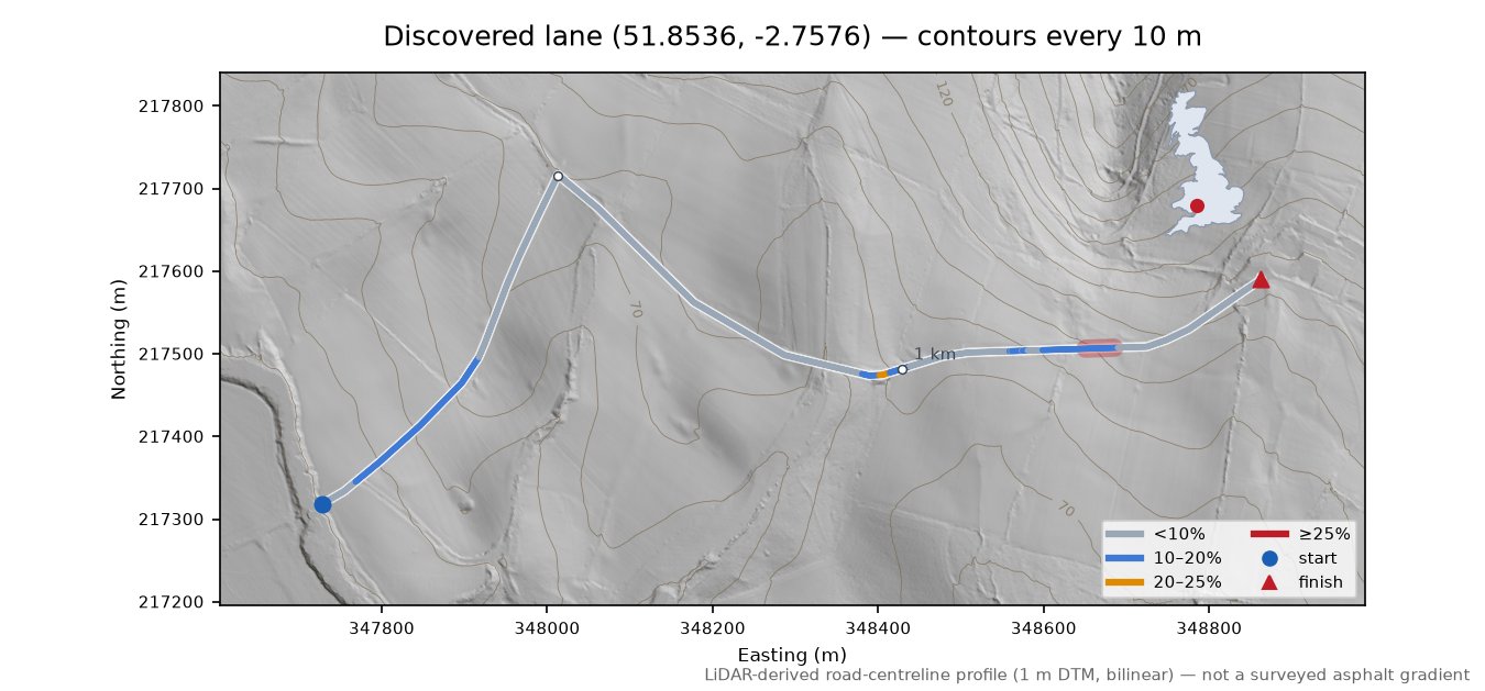 Discovered lane (51.8536, -2.7576) LiDAR hillshade map with contours