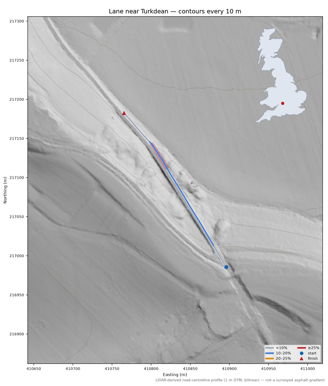 Lane near Turkdean LiDAR hillshade map with contours