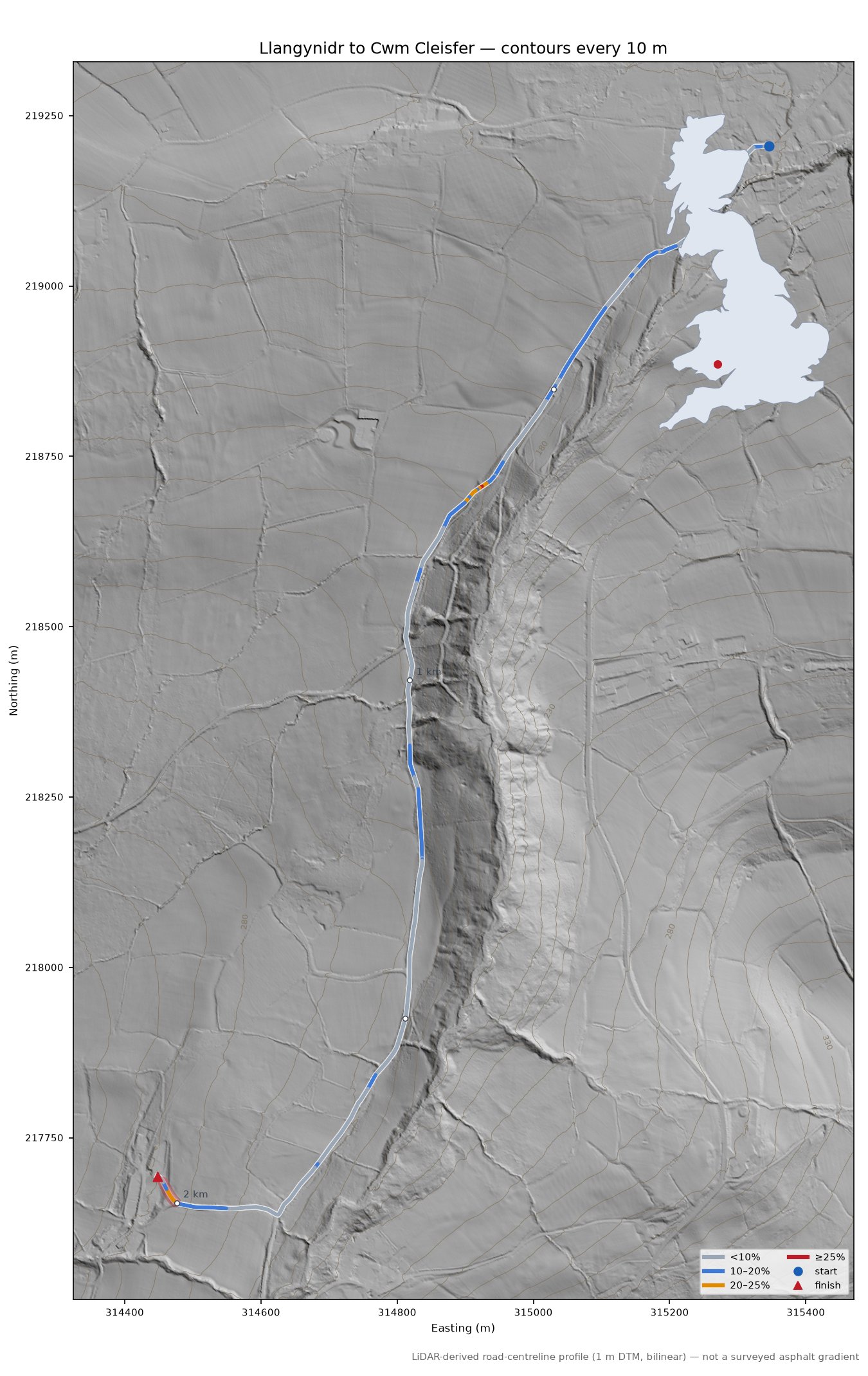 Llangynidr to Cwm Cleisfer LiDAR hillshade map with contours