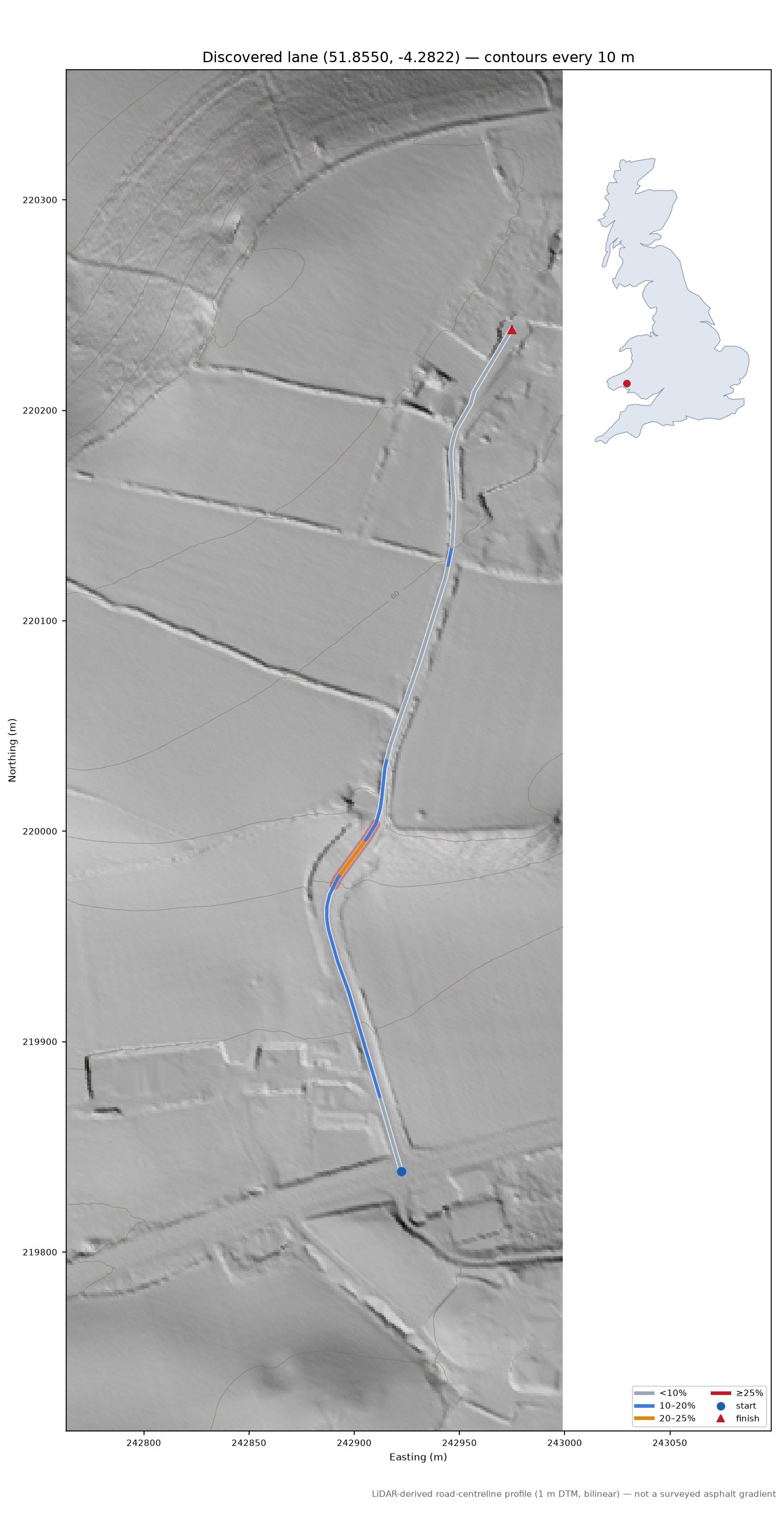 Discovered lane (51.8550, -4.2822) LiDAR hillshade map with contours