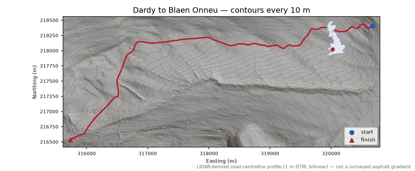 Dardy to Blaen Onneu LiDAR hillshade map with contours