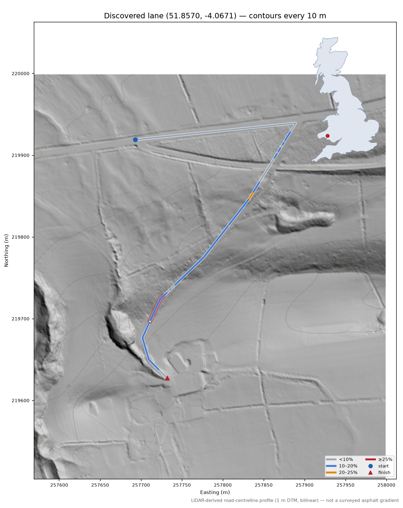 Discovered lane (51.8570, -4.0671) LiDAR hillshade map with contours