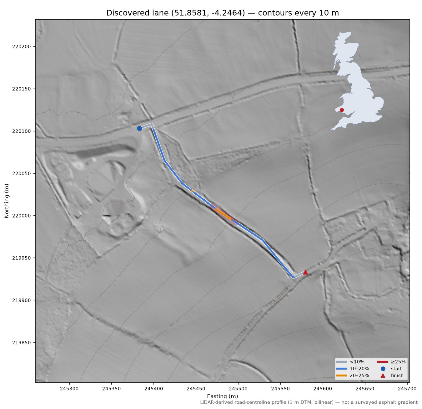 Discovered lane (51.8581, -4.2464) LiDAR hillshade map with contours
