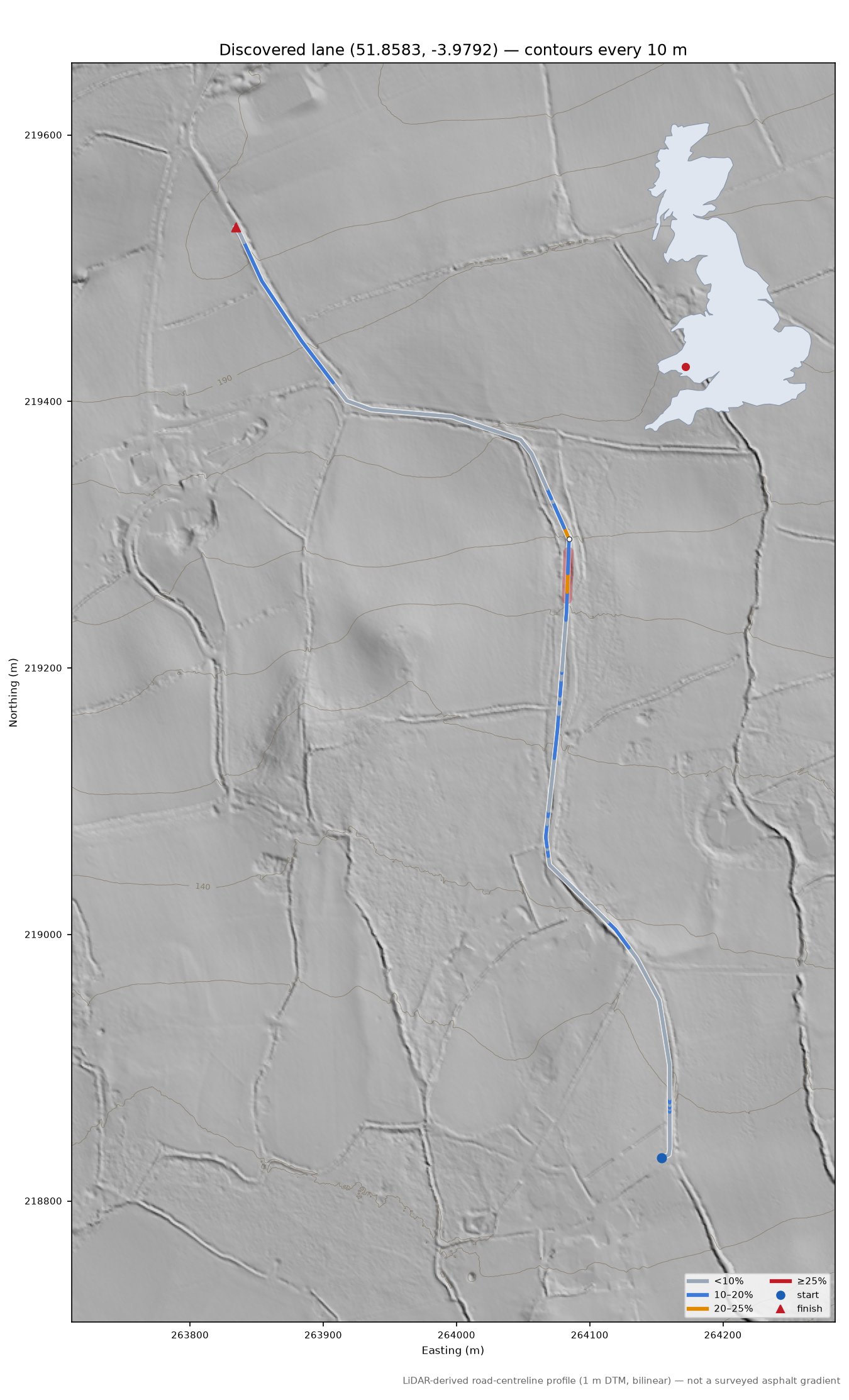 Discovered lane (51.8583, -3.9792) LiDAR hillshade map with contours
