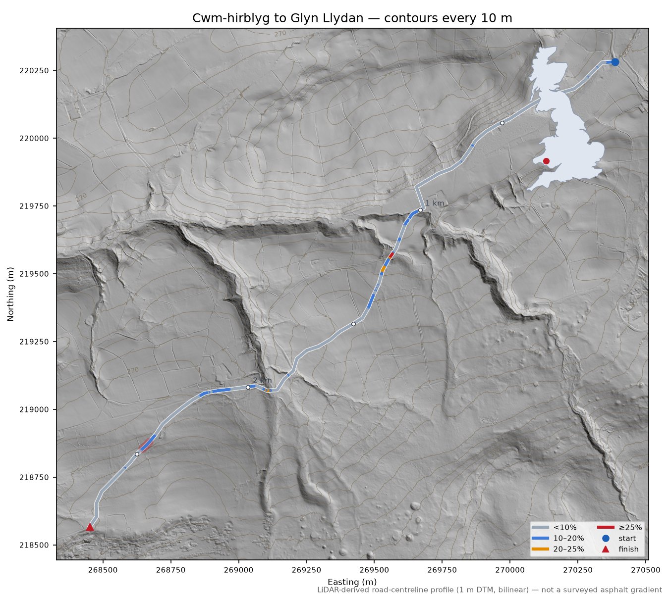 Cwm-hirblyg to Glyn Llydan LiDAR hillshade map with contours