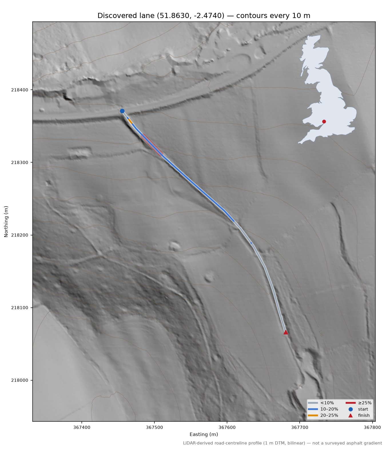 Discovered lane (51.8630, -2.4740) LiDAR hillshade map with contours