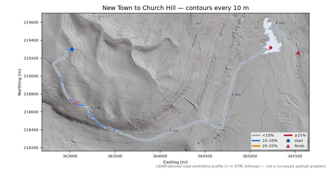 New Town to Church Hill LiDAR hillshade map with contours
