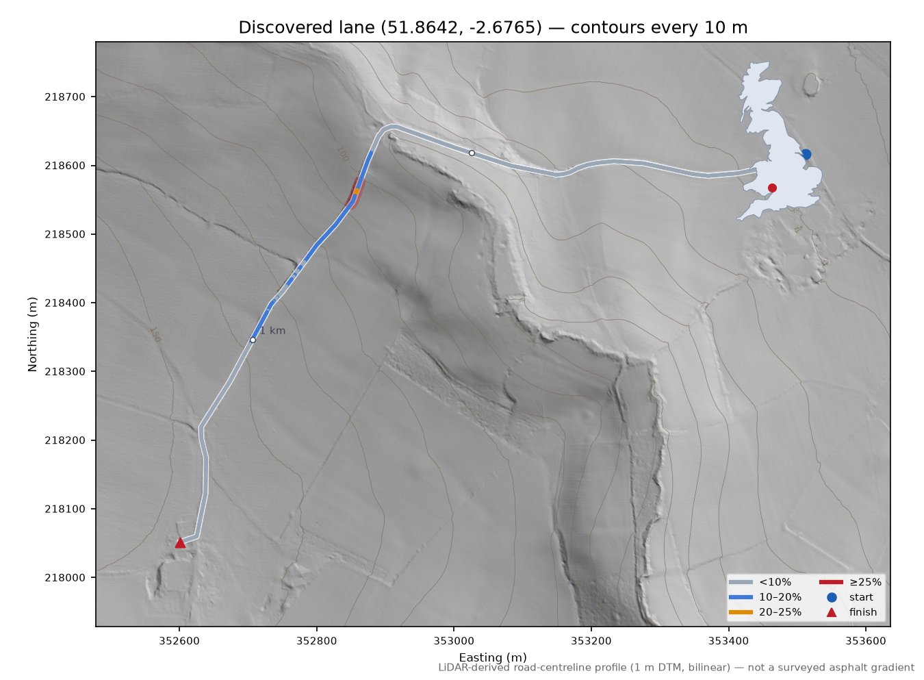 Discovered lane (51.8642, -2.6765) LiDAR hillshade map with contours