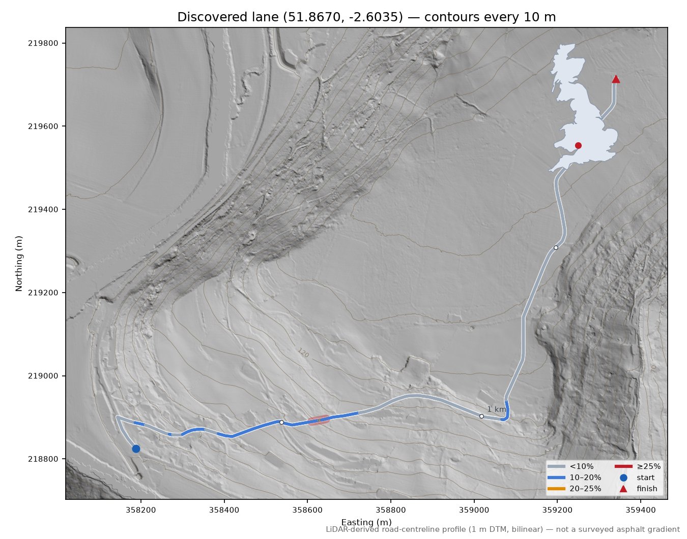 Discovered lane (51.8670, -2.6035) LiDAR hillshade map with contours
