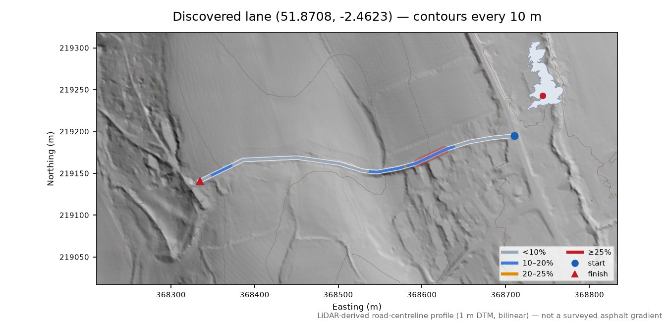 Discovered lane (51.8708, -2.4623) LiDAR hillshade map with contours