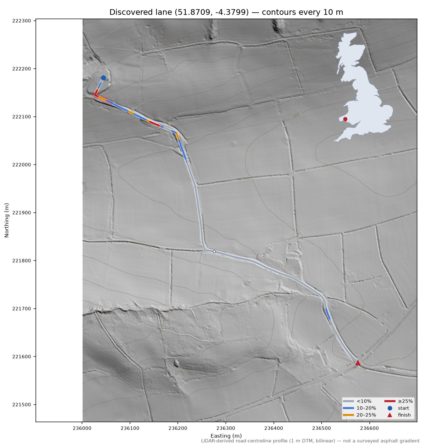 Discovered lane (51.8709, -4.3799) LiDAR hillshade map with contours