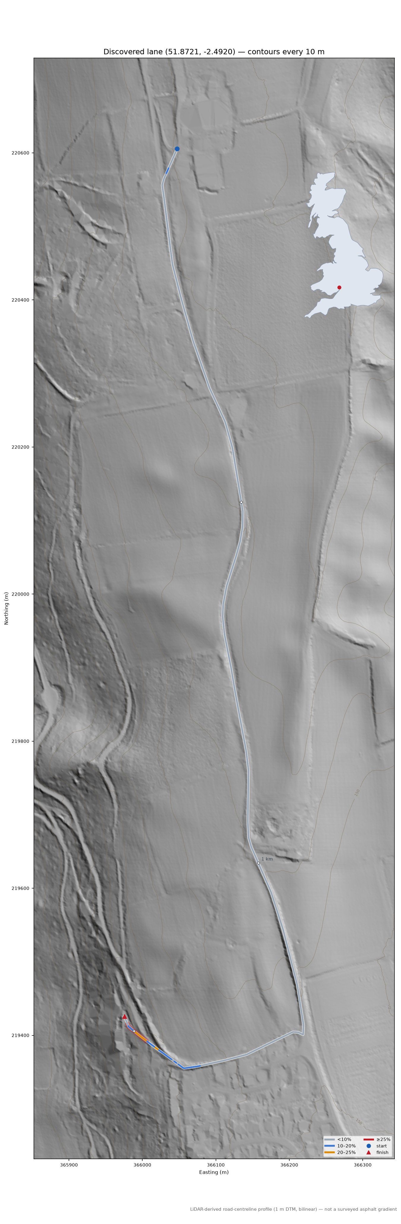 Discovered lane (51.8721, -2.4920) LiDAR hillshade map with contours