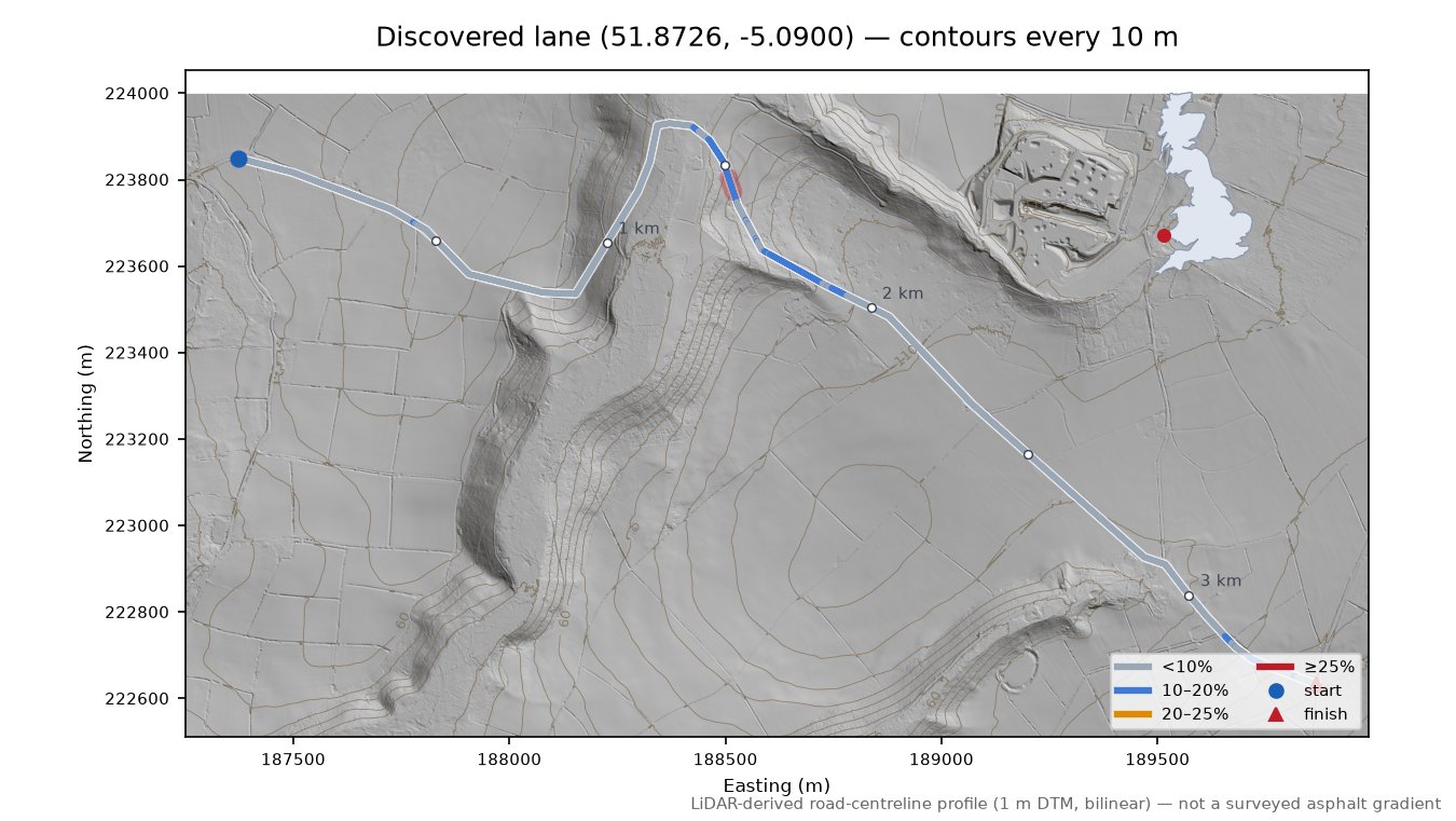 Discovered lane (51.8726, -5.0900) LiDAR hillshade map with contours