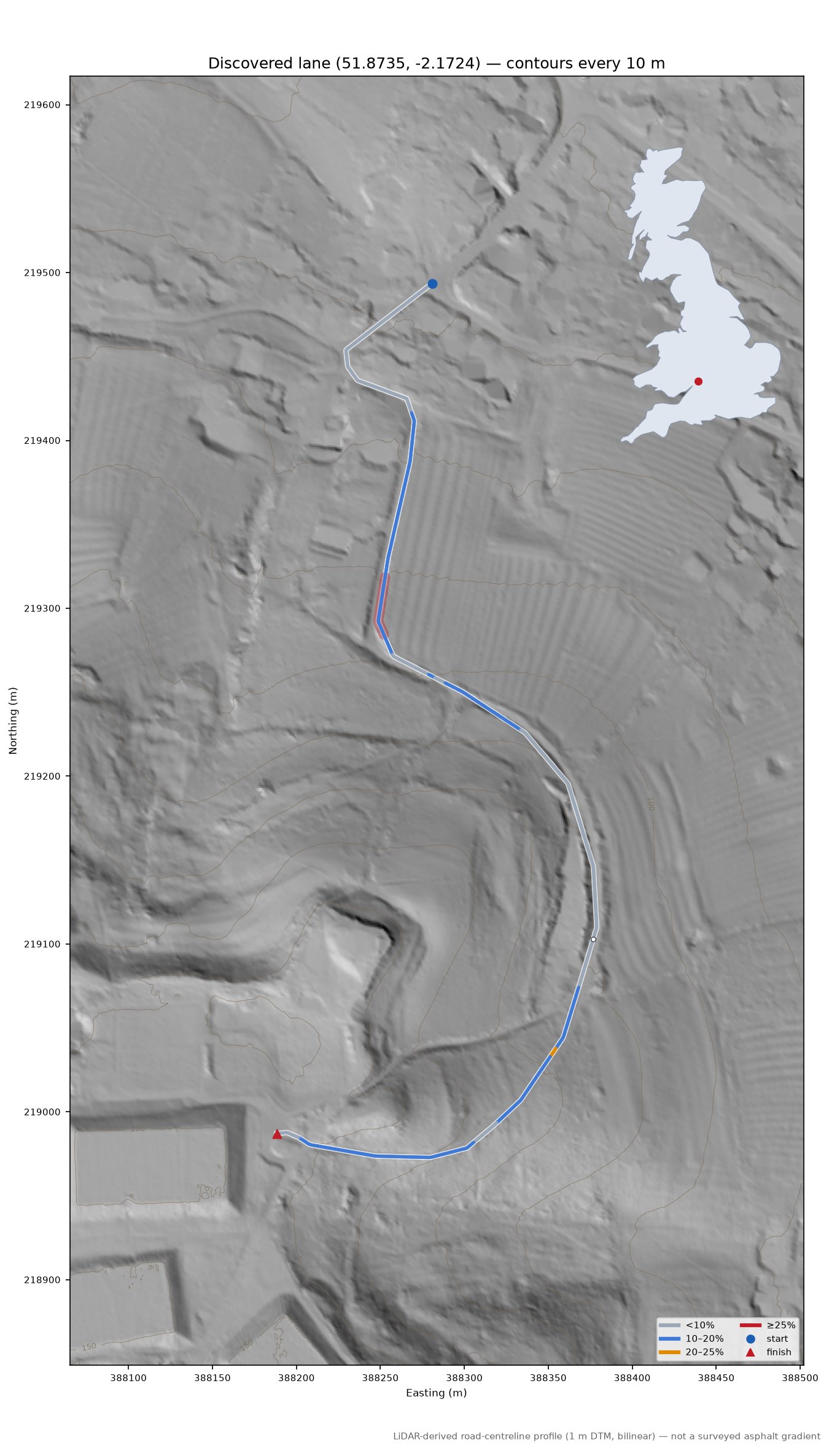 Discovered lane (51.8735, -2.1724) LiDAR hillshade map with contours