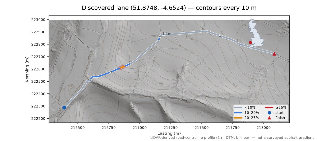 Discovered lane (51.8748, -4.6524) LiDAR hillshade map with contours
