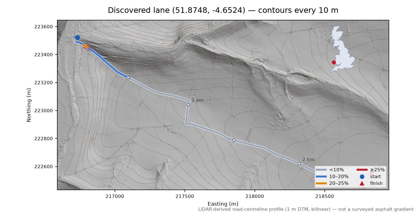 Discovered lane (51.8748, -4.6524) LiDAR hillshade map with contours