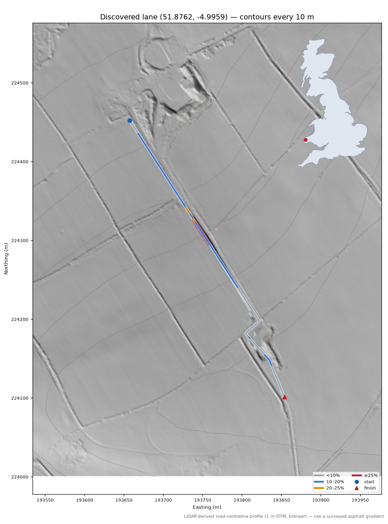 Discovered lane (51.8762, -4.9959) LiDAR hillshade map with contours