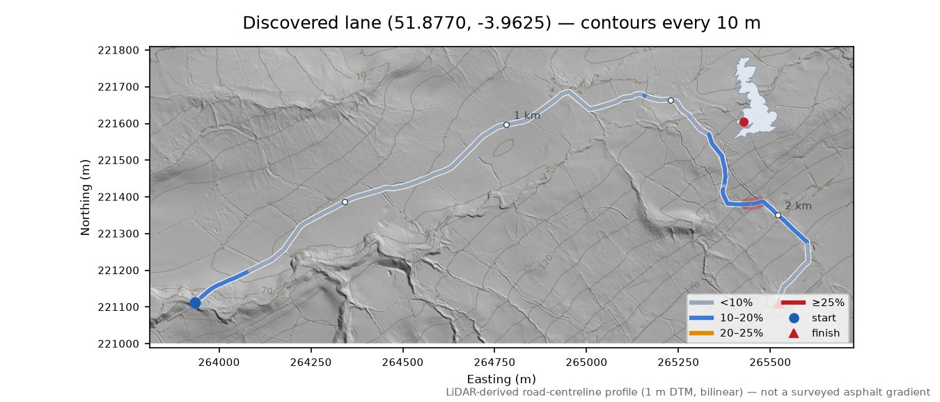 Discovered lane (51.8770, -3.9625) LiDAR hillshade map with contours