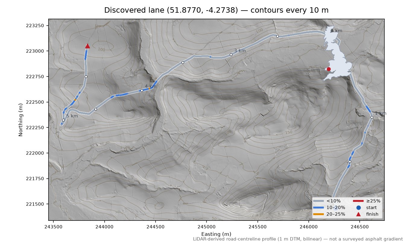 Discovered lane (51.8770, -4.2738) LiDAR hillshade map with contours