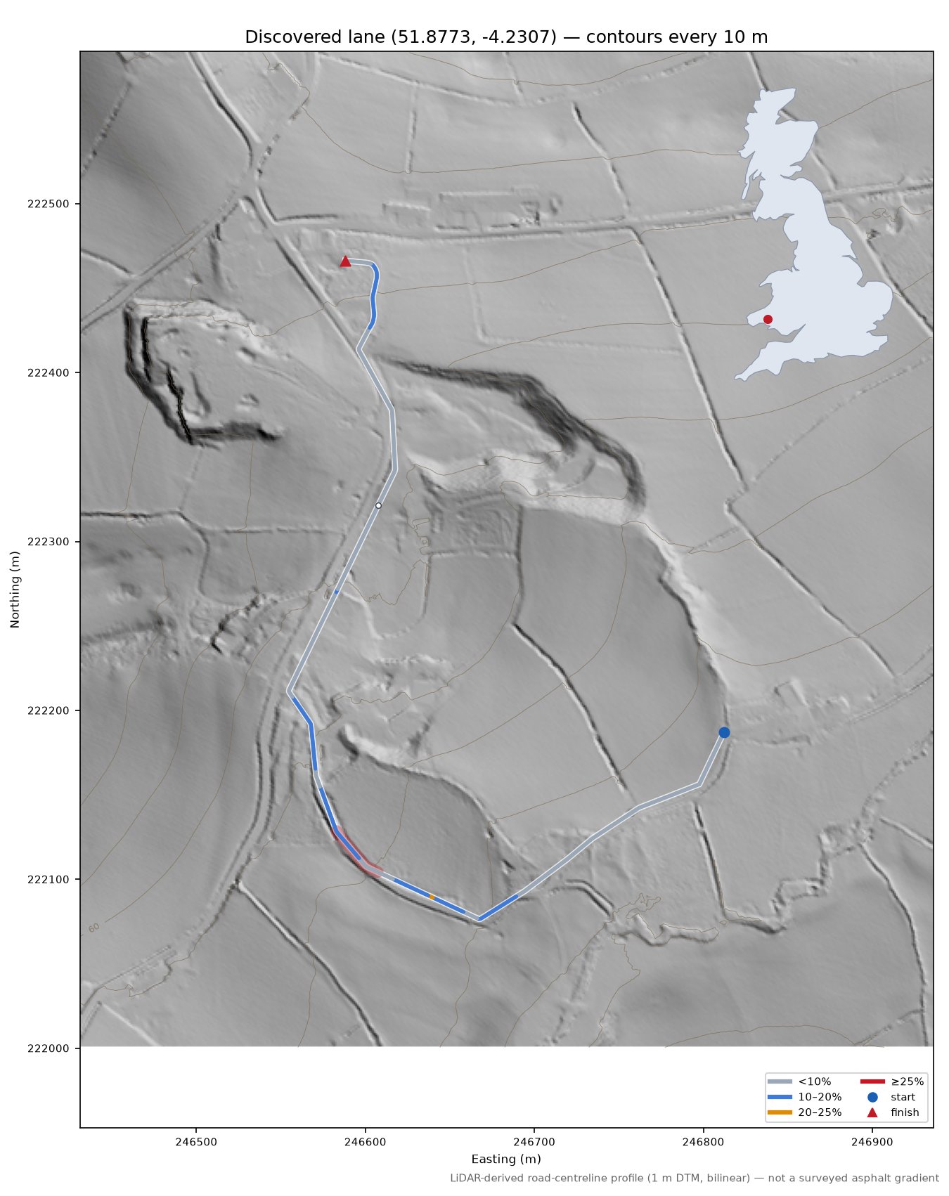 Discovered lane (51.8773, -4.2307) LiDAR hillshade map with contours
