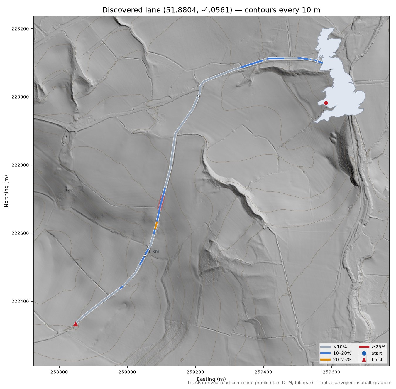Discovered lane (51.8804, -4.0561) LiDAR hillshade map with contours
