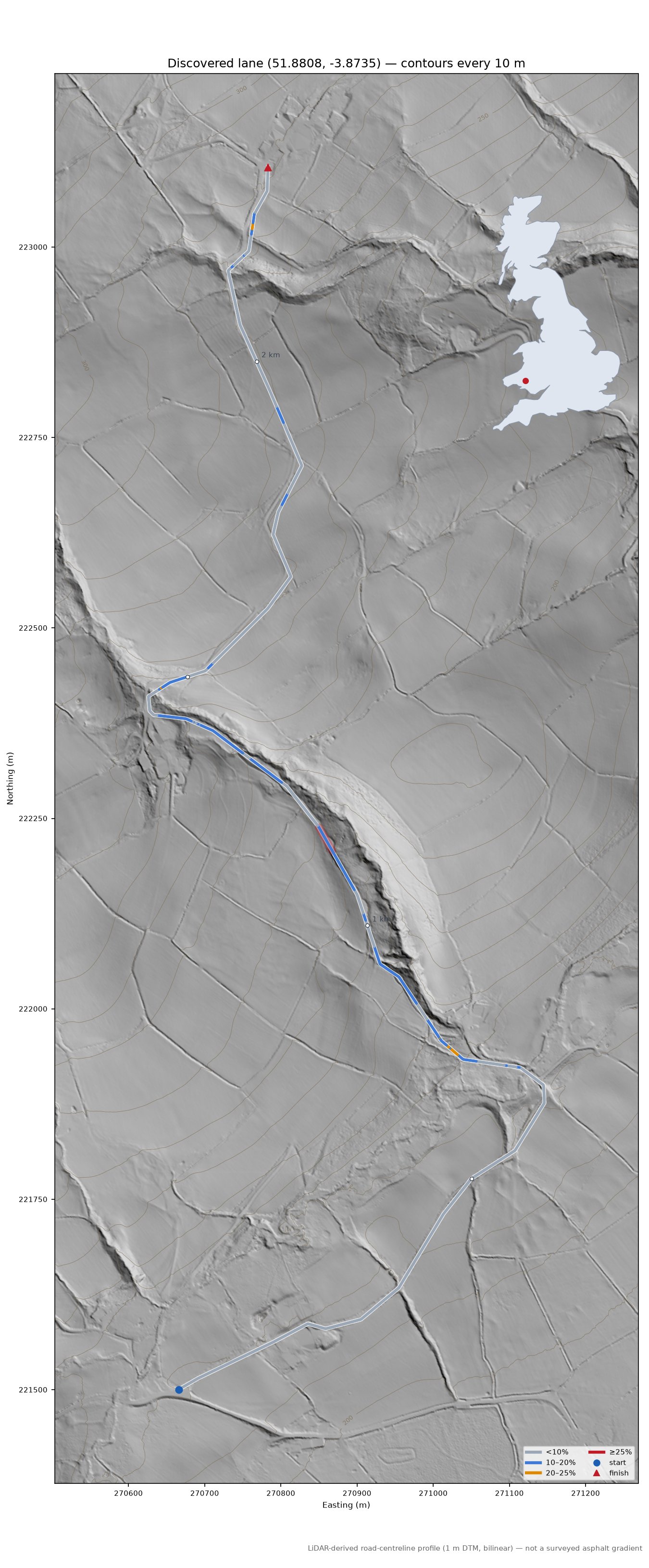 Discovered lane (51.8808, -3.8735) LiDAR hillshade map with contours