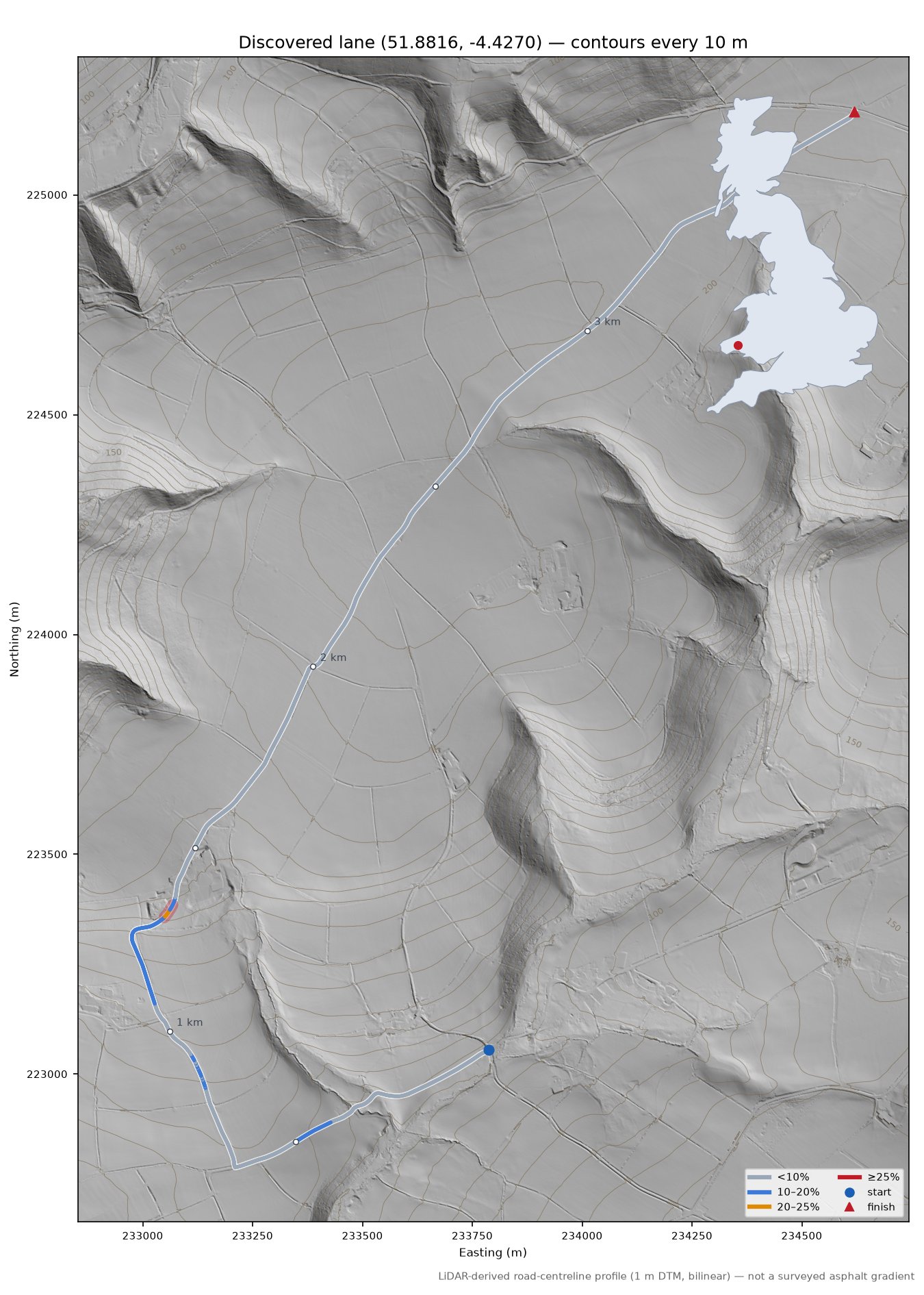 Discovered lane (51.8816, -4.4270) LiDAR hillshade map with contours