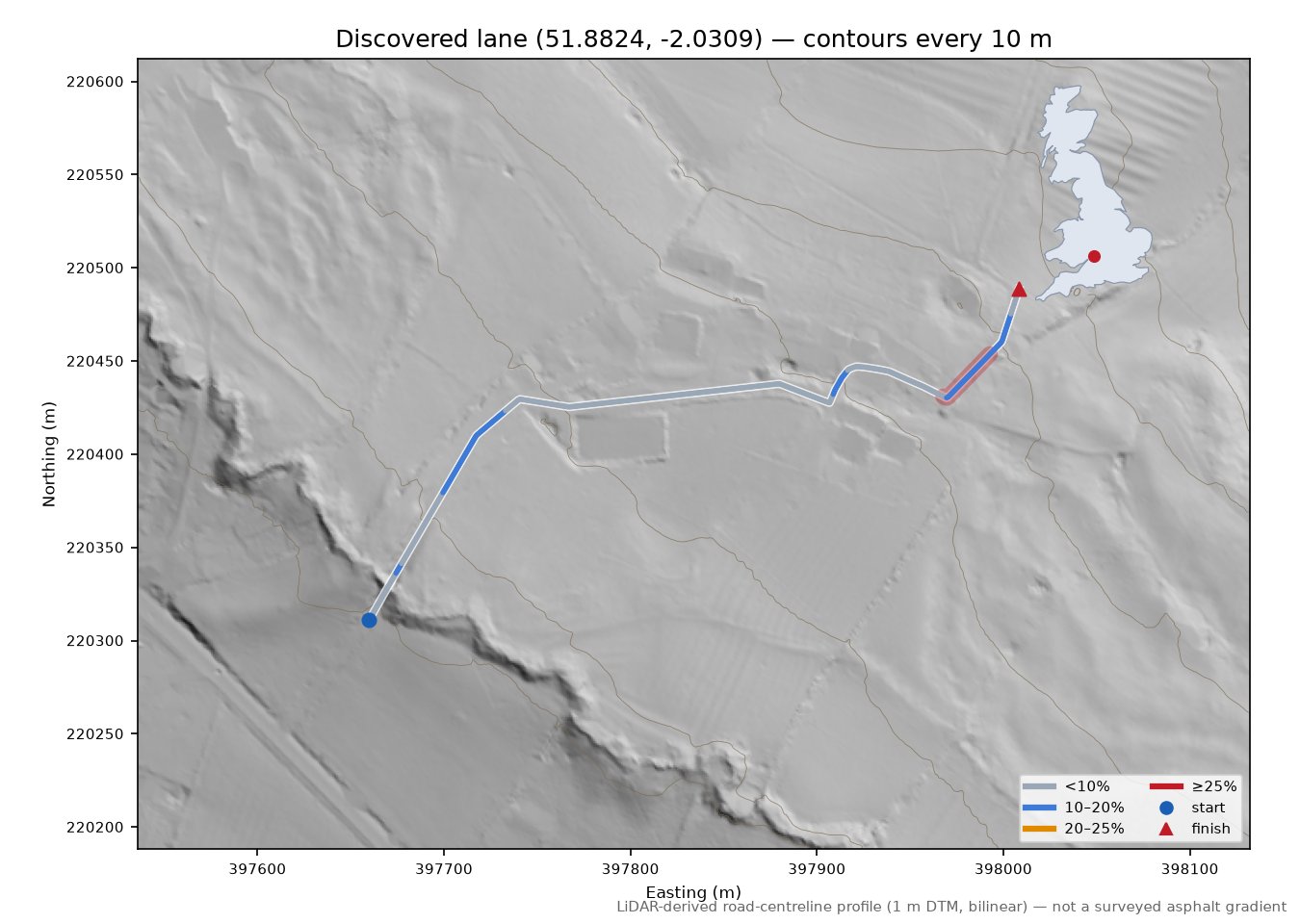 Discovered lane (51.8824, -2.0309) LiDAR hillshade map with contours