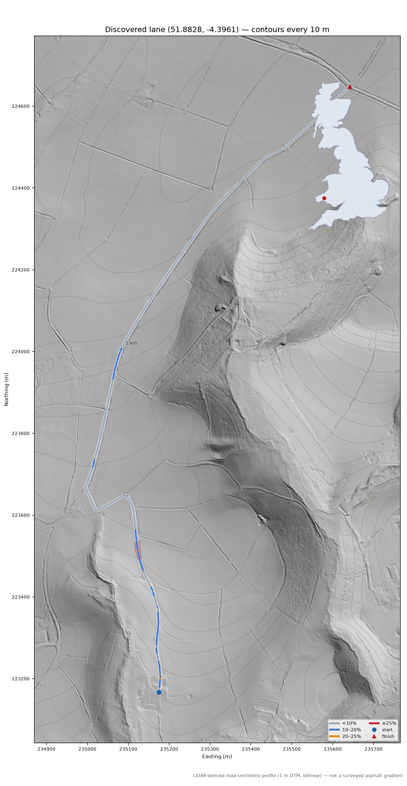 Discovered lane (51.8828, -4.3961) LiDAR hillshade map with contours