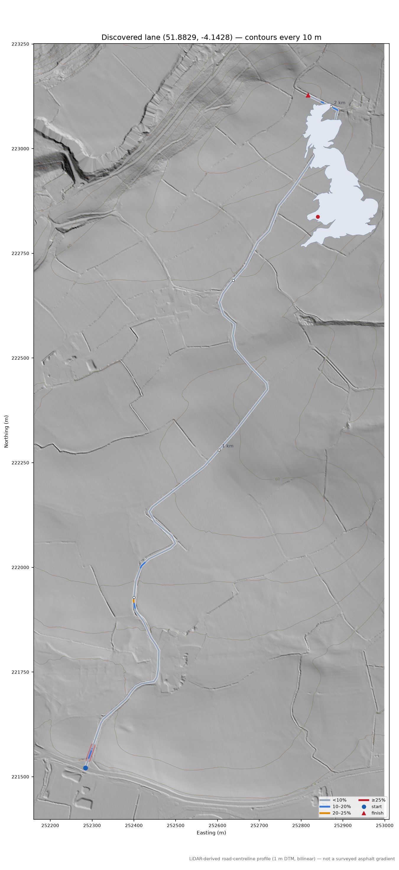 Discovered lane (51.8829, -4.1428) LiDAR hillshade map with contours