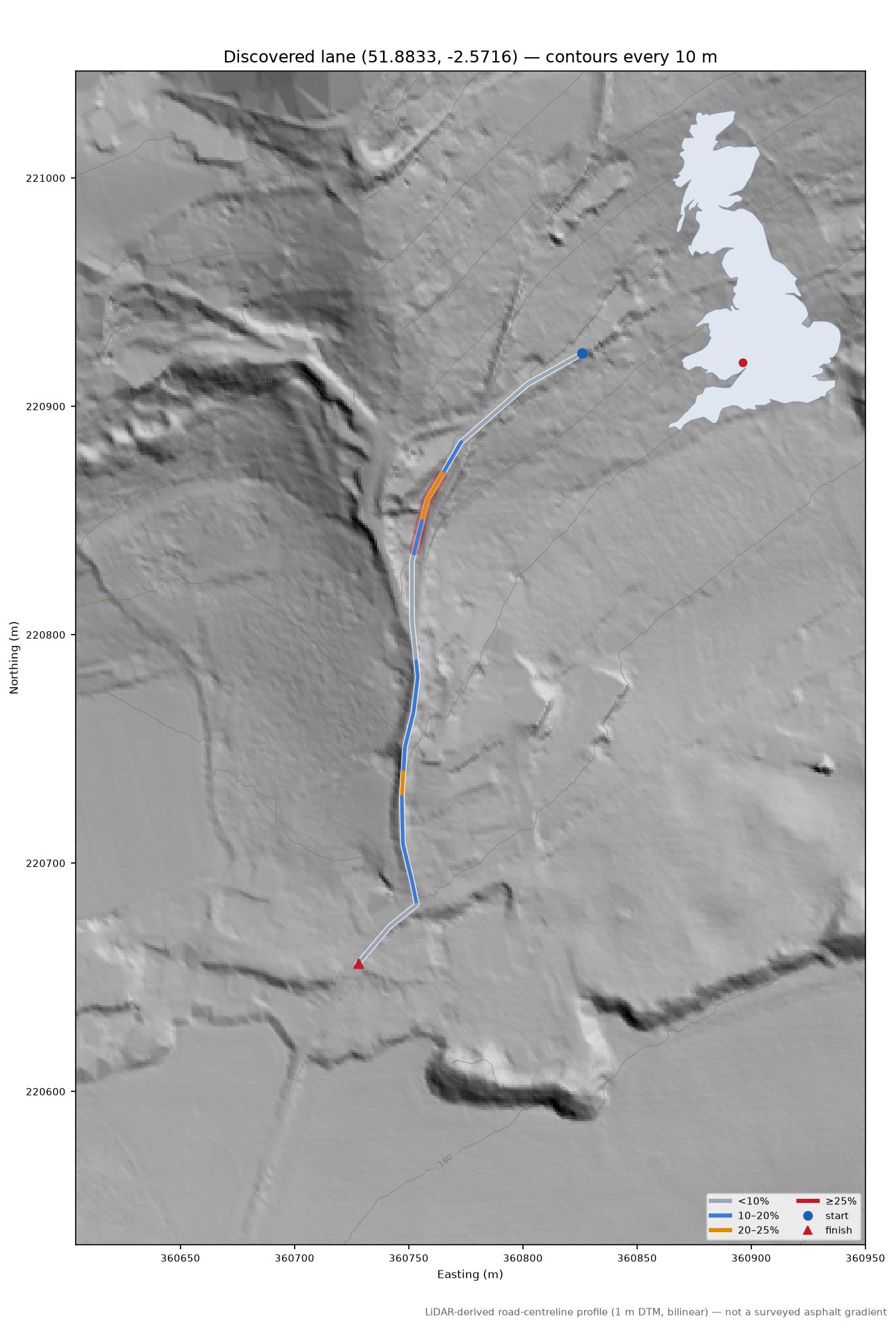 Discovered lane (51.8833, -2.5716) LiDAR hillshade map with contours