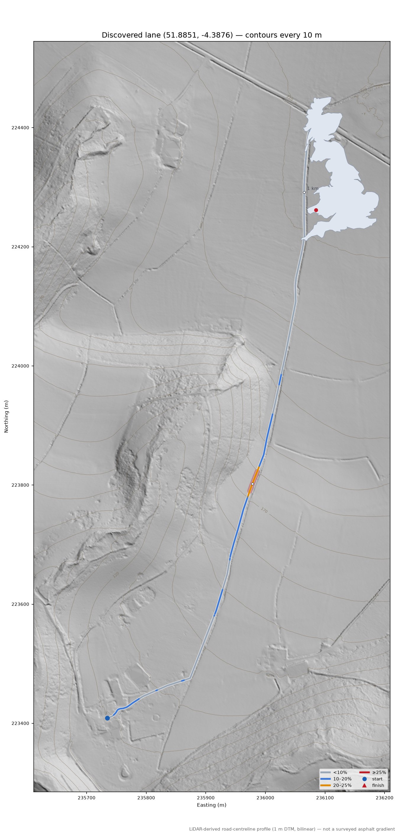 Discovered lane (51.8851, -4.3876) LiDAR hillshade map with contours